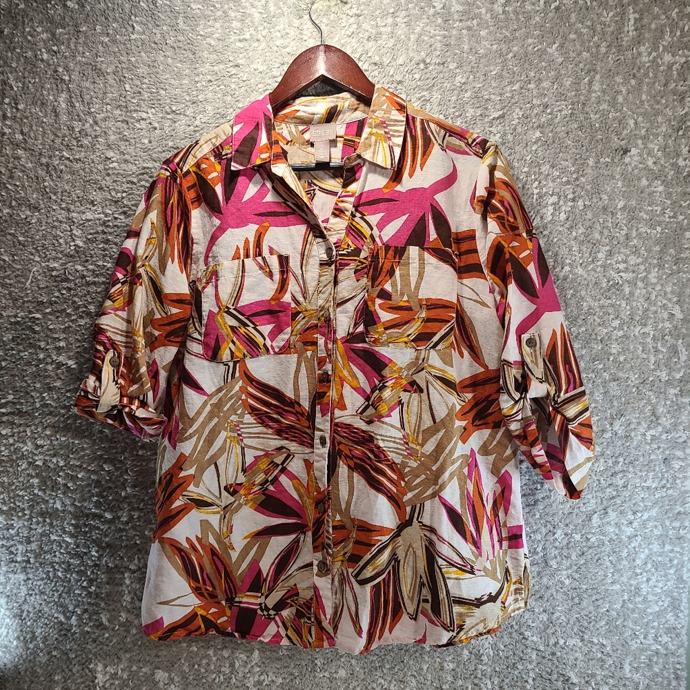 Chicos Women's Sz 2, L Button Up Floral Shirt Linen Cotton Blend Mulitcolor
